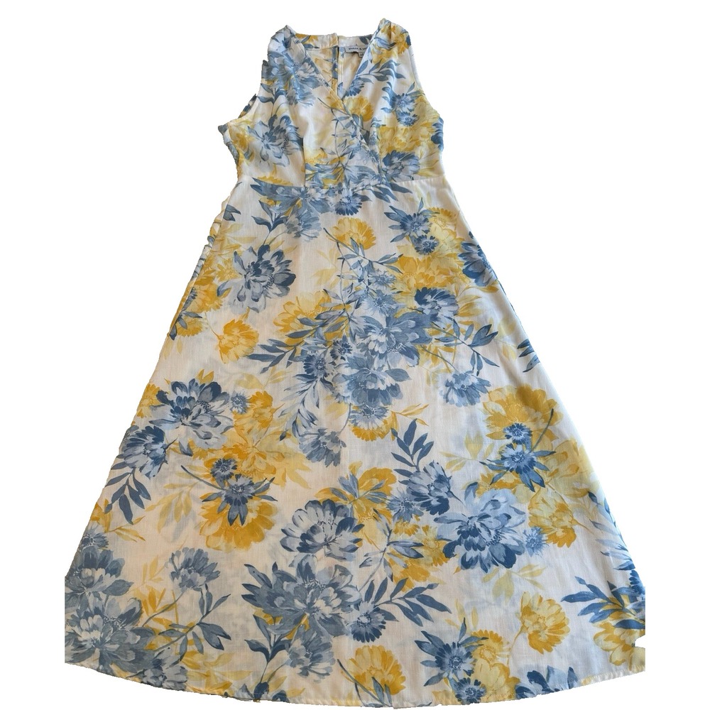 Emma & Michele Women's Yellow & Blue Floral Print Dress Size Small V Neck
